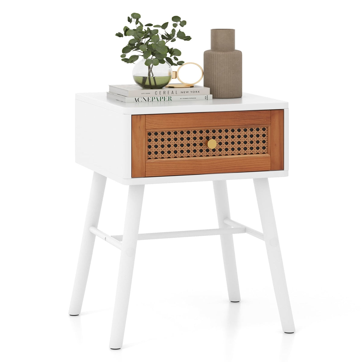Rattan Nightstand Mid Century Modern Accent Table with Drawer-White-Nightstands-DECOROLALA