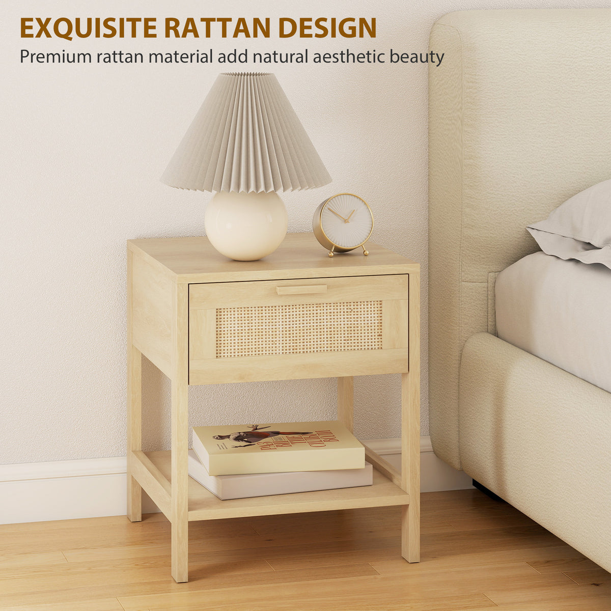 Rattan Nightstand Set of 2 - Natural Wood Bedside Tables-Home Furnishings > Bedroom Furniture > Bedside Tables-DECOROLALA