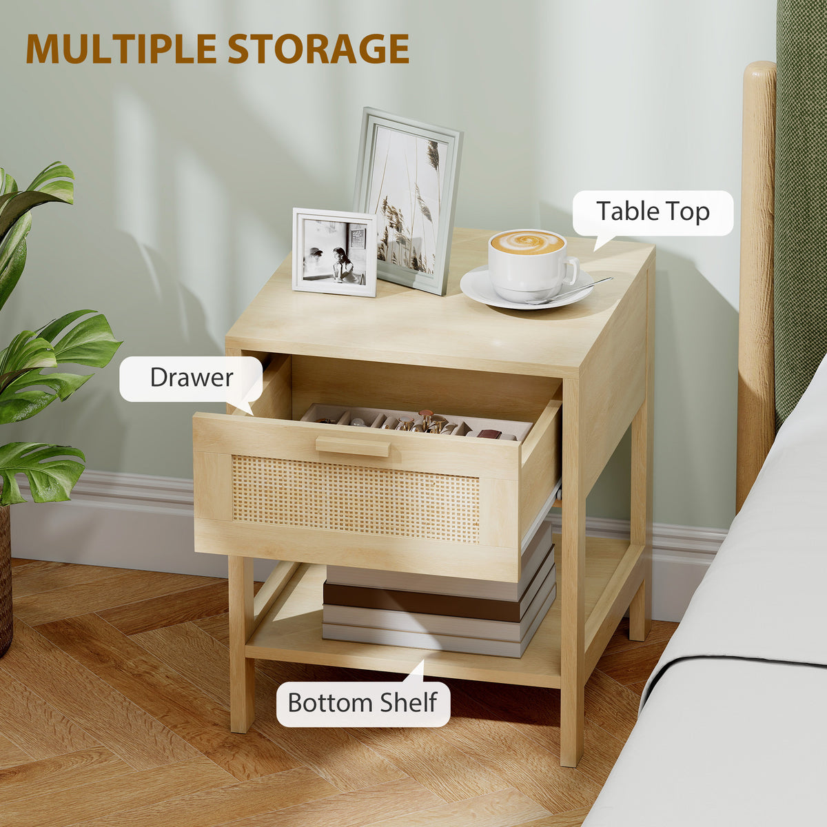 Rattan Nightstand Set of 2 - Natural Wood Bedside Tables-Home Furnishings > Bedroom Furniture > Bedside Tables-DECOROLALA