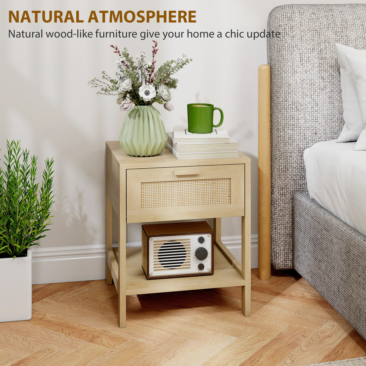 Rattan Nightstand Set of 2 - Natural Wood Bedside Tables-Home Furnishings > Bedroom Furniture > Bedside Tables-DECOROLALA