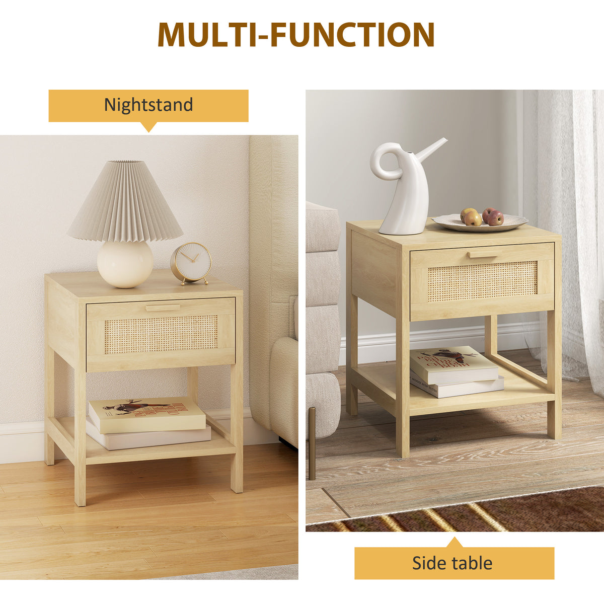Rattan Nightstand Set of 2 - Natural Wood Bedside Tables-Home Furnishings > Bedroom Furniture > Bedside Tables-DECOROLALA