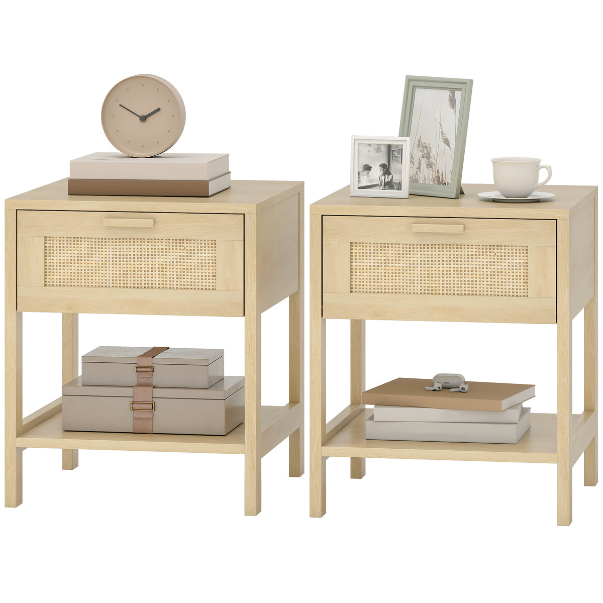 Rattan Nightstand Set of 2 - Natural Wood Bedside Tables-Home Furnishings > Bedroom Furniture > Bedside Tables-DECOROLALA