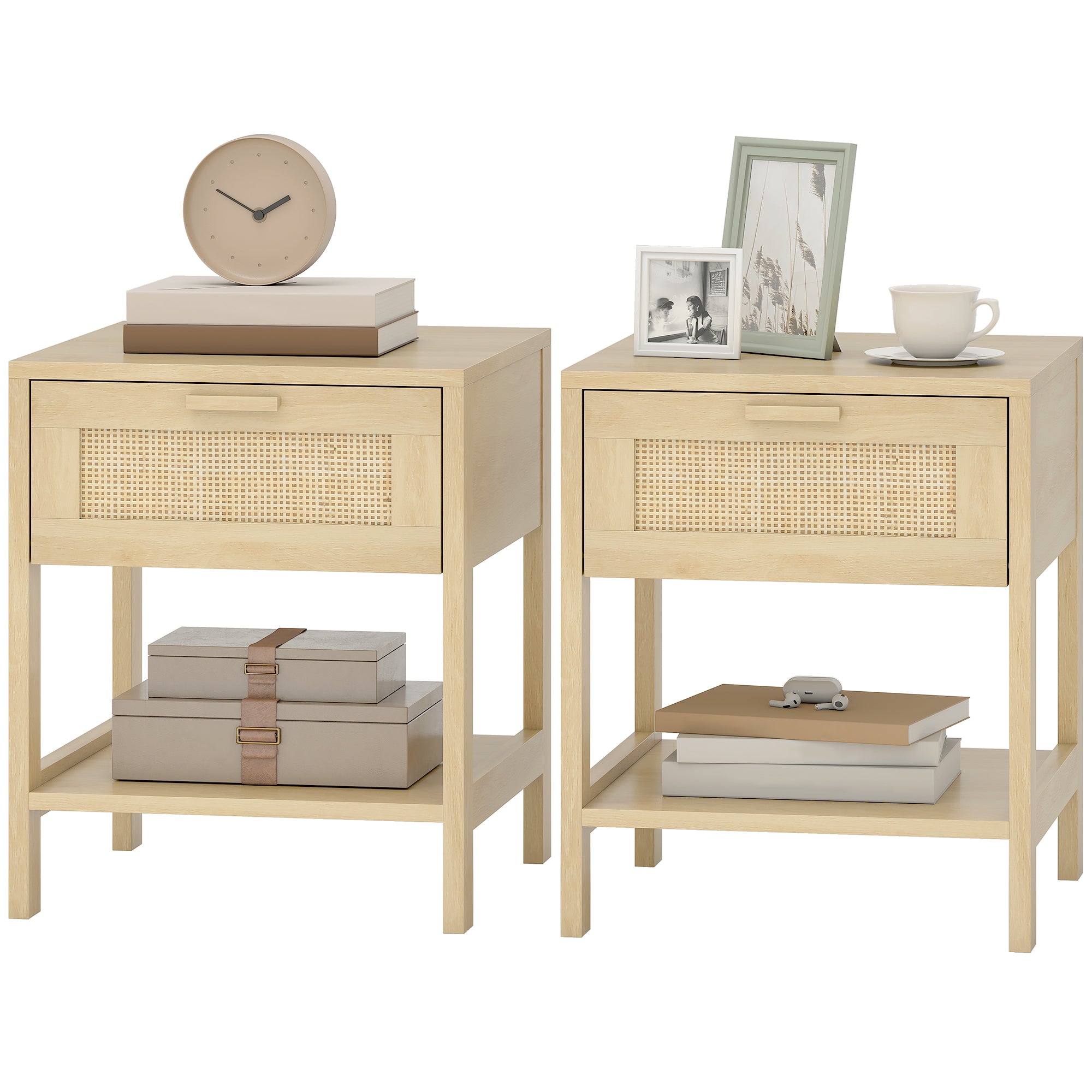 Rattan Nightstand Set of 2 - Natural Wood Bedside Tables-Home Furnishings > Bedroom Furniture > Bedside Tables-DECOROLALA
