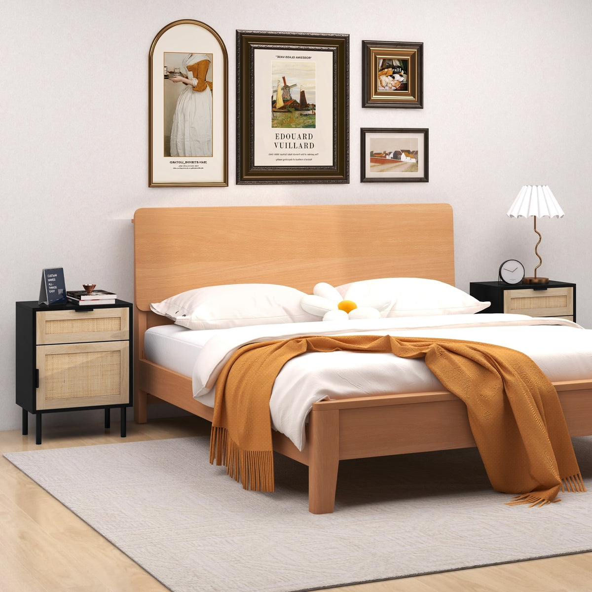 Rattan Nightstand Set of 2 with Drawer and Cabinet-Black-Nightstands-DECOROLALA