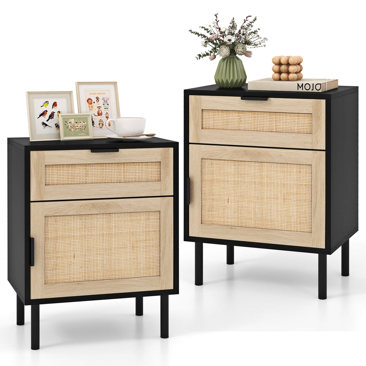 Rattan Nightstand Set of 2 with Drawer and Cabinet-Black-Nightstands-DECOROLALA