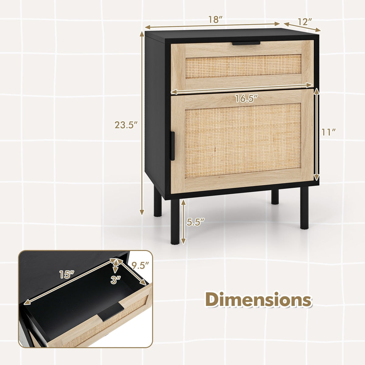 Rattan Nightstand Set of 2 with Drawer and Cabinet-Black-Nightstands-DECOROLALA