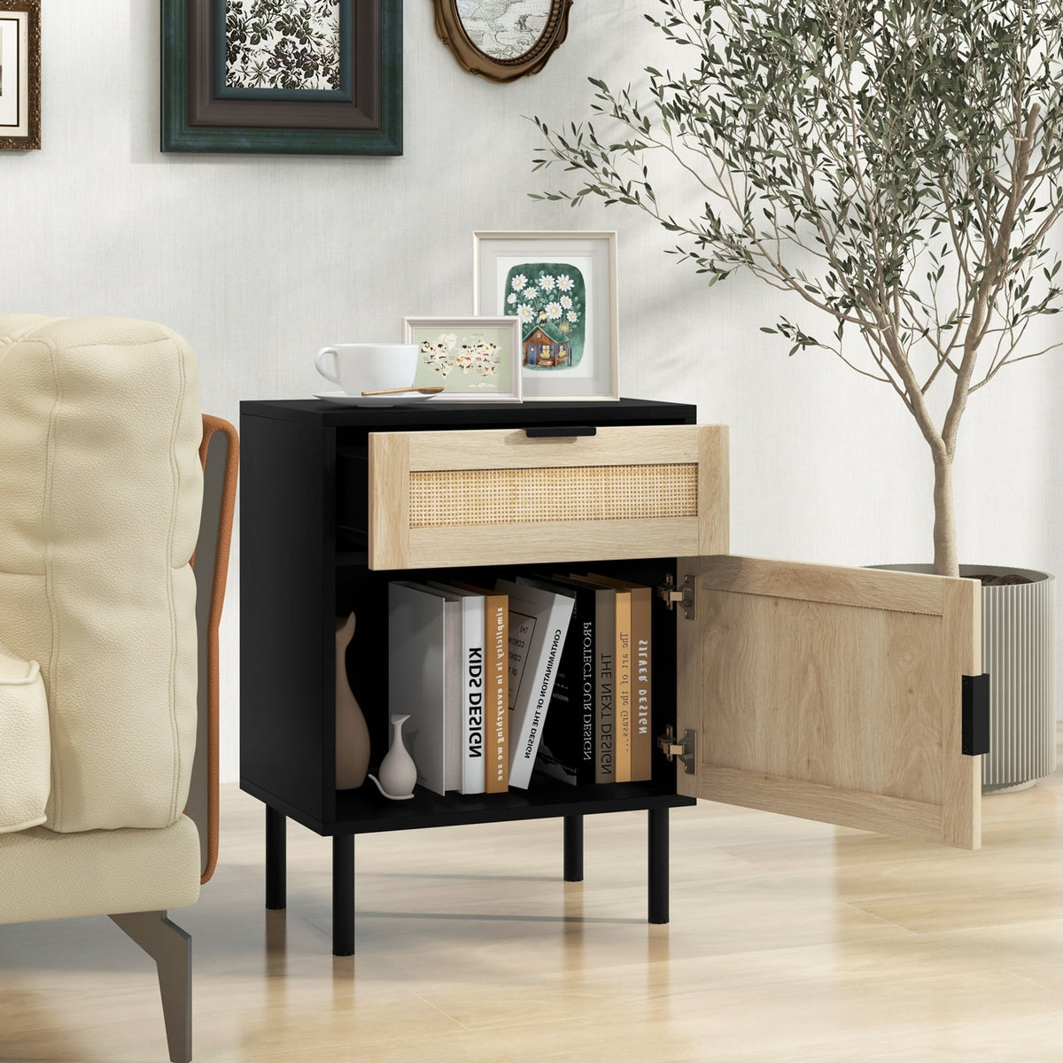 Rattan Nightstand Set of 2 with Drawer and Cabinet-Black-Nightstands-DECOROLALA