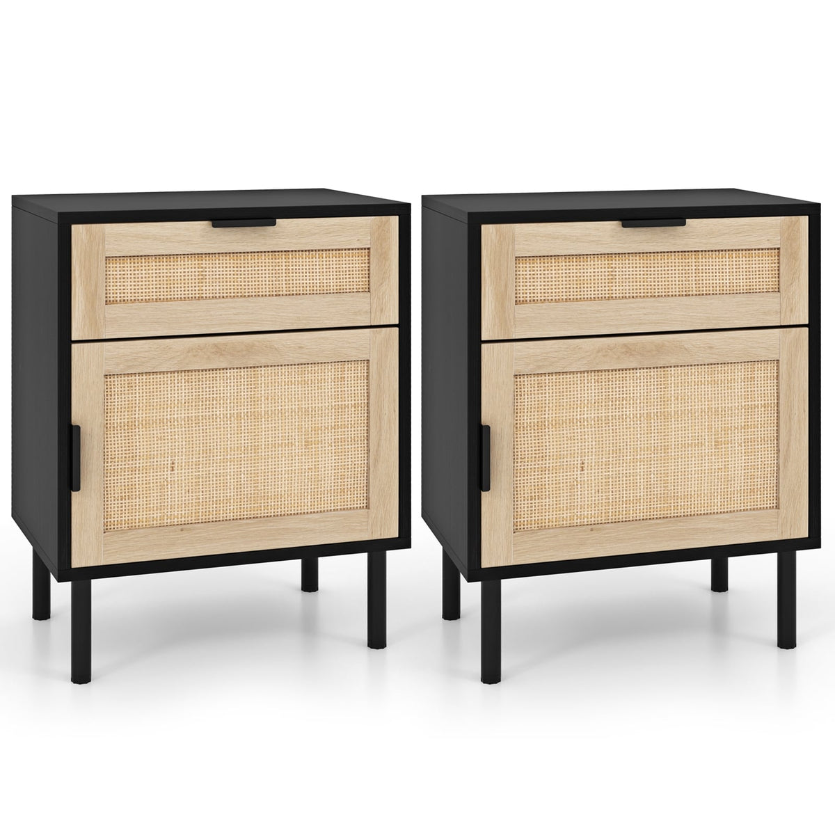 Rattan Nightstand Set of 2 with Drawer and Cabinet-Black-Nightstands-DECOROLALA