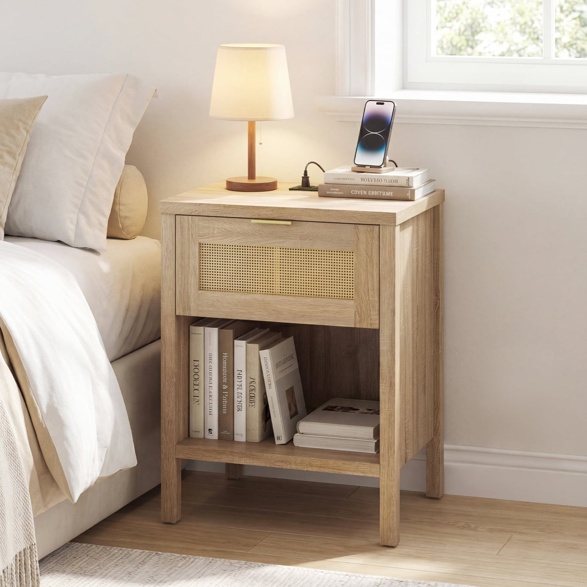 Rattan Nightstand with Charging Station and Storage Shelf for Bedroom-Oak-Nightstands-DECOROLALA