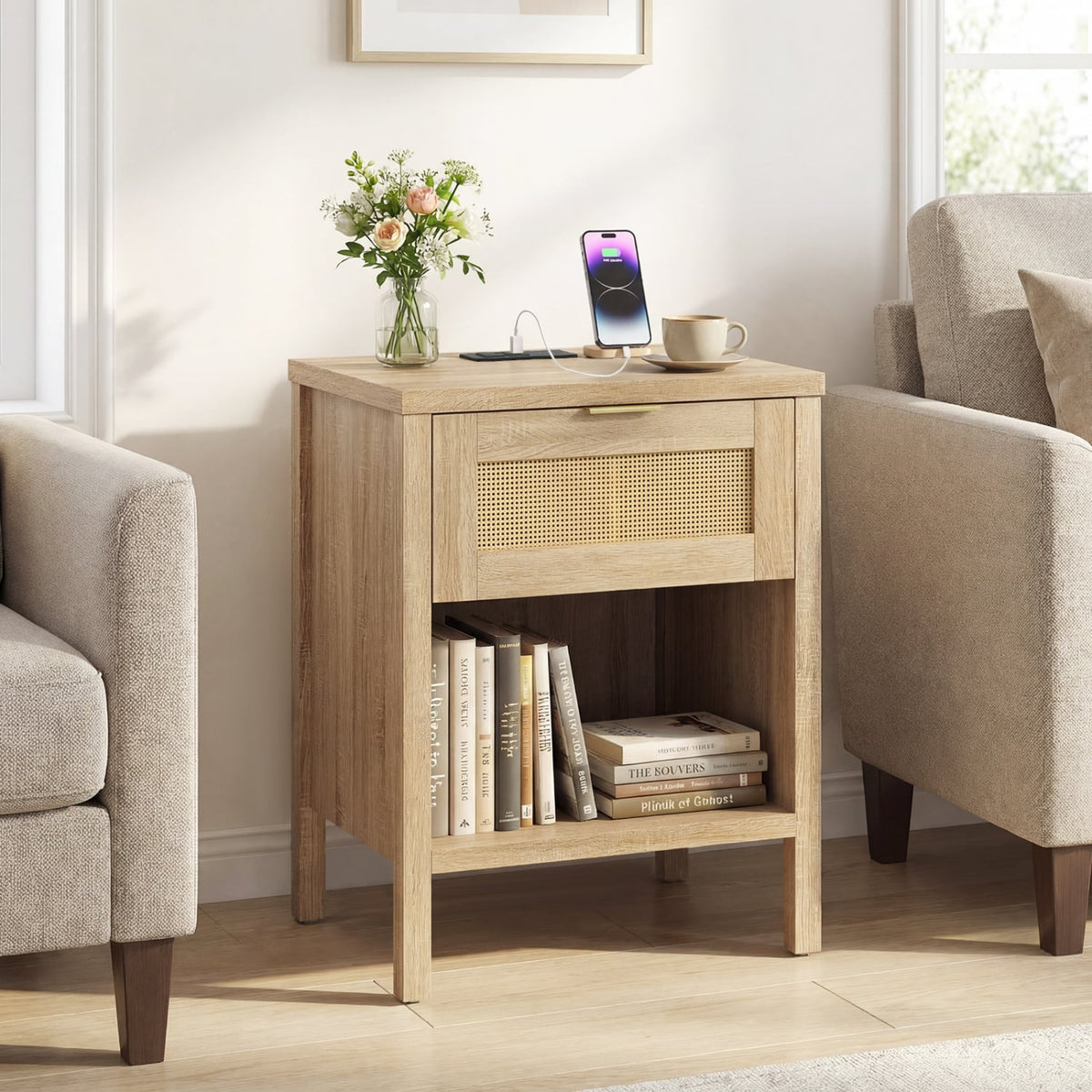 Rattan Nightstand with Charging Station and Storage Shelf for Bedroom-Oak-Nightstands-DECOROLALA