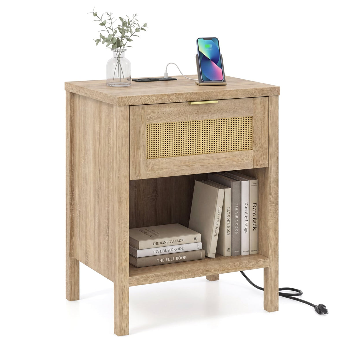 Rattan Nightstand with Charging Station and Storage Shelf for Bedroom-Oak-Nightstands-DECOROLALA