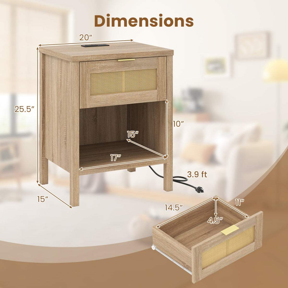 Rattan Nightstand with Charging Station and Storage Shelf for Bedroom-Oak-Nightstands-DECOROLALA