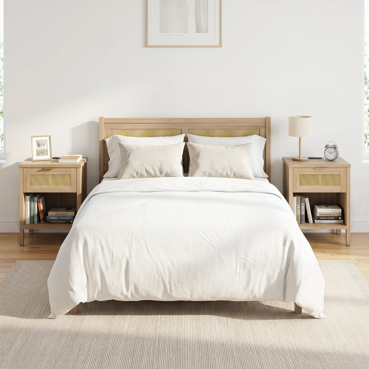 Rattan Nightstand with Charging Station and Storage Shelf for Bedroom-Oak-Nightstands-DECOROLALA