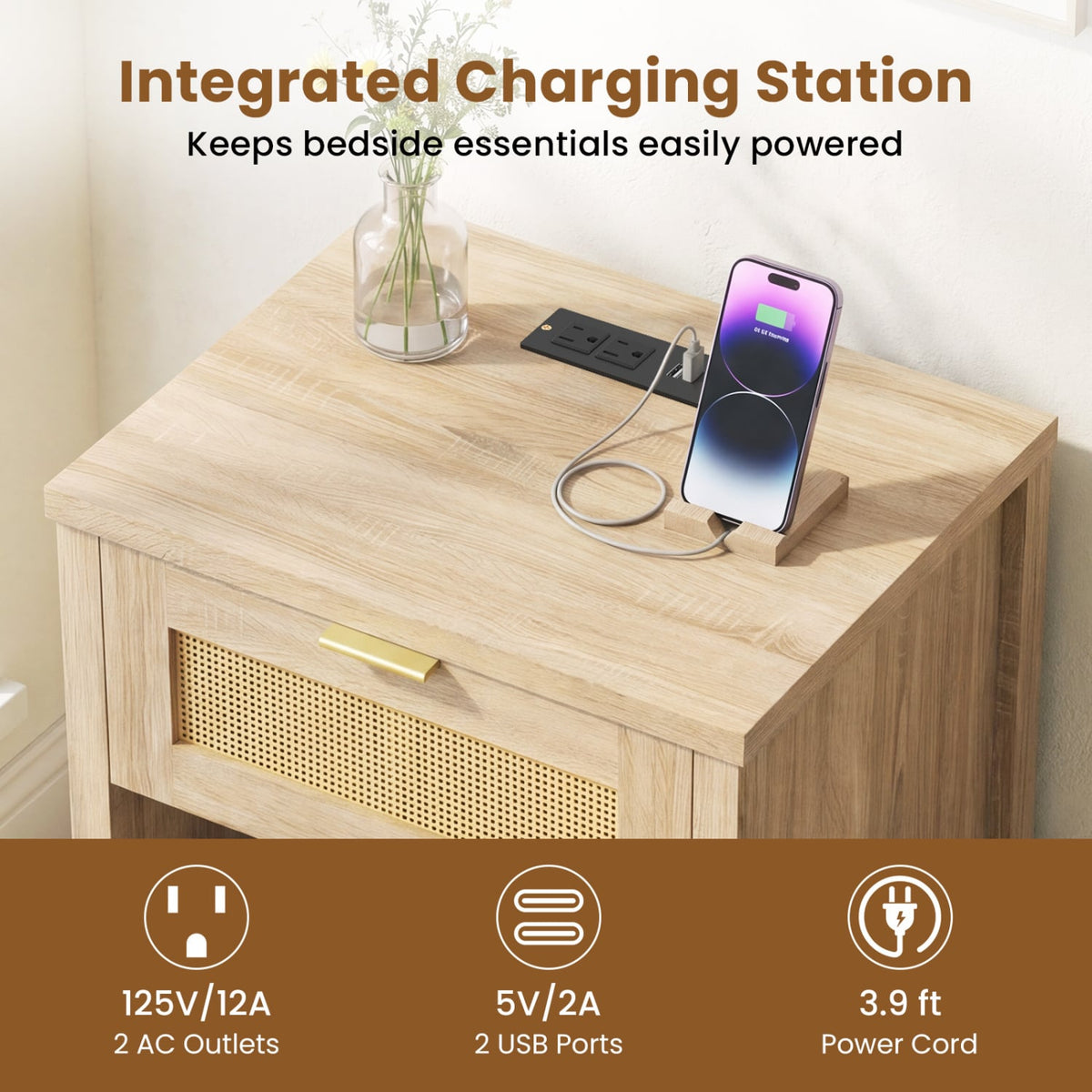Rattan Nightstand with Charging Station and Storage Shelf for Bedroom-Oak-Nightstands-DECOROLALA