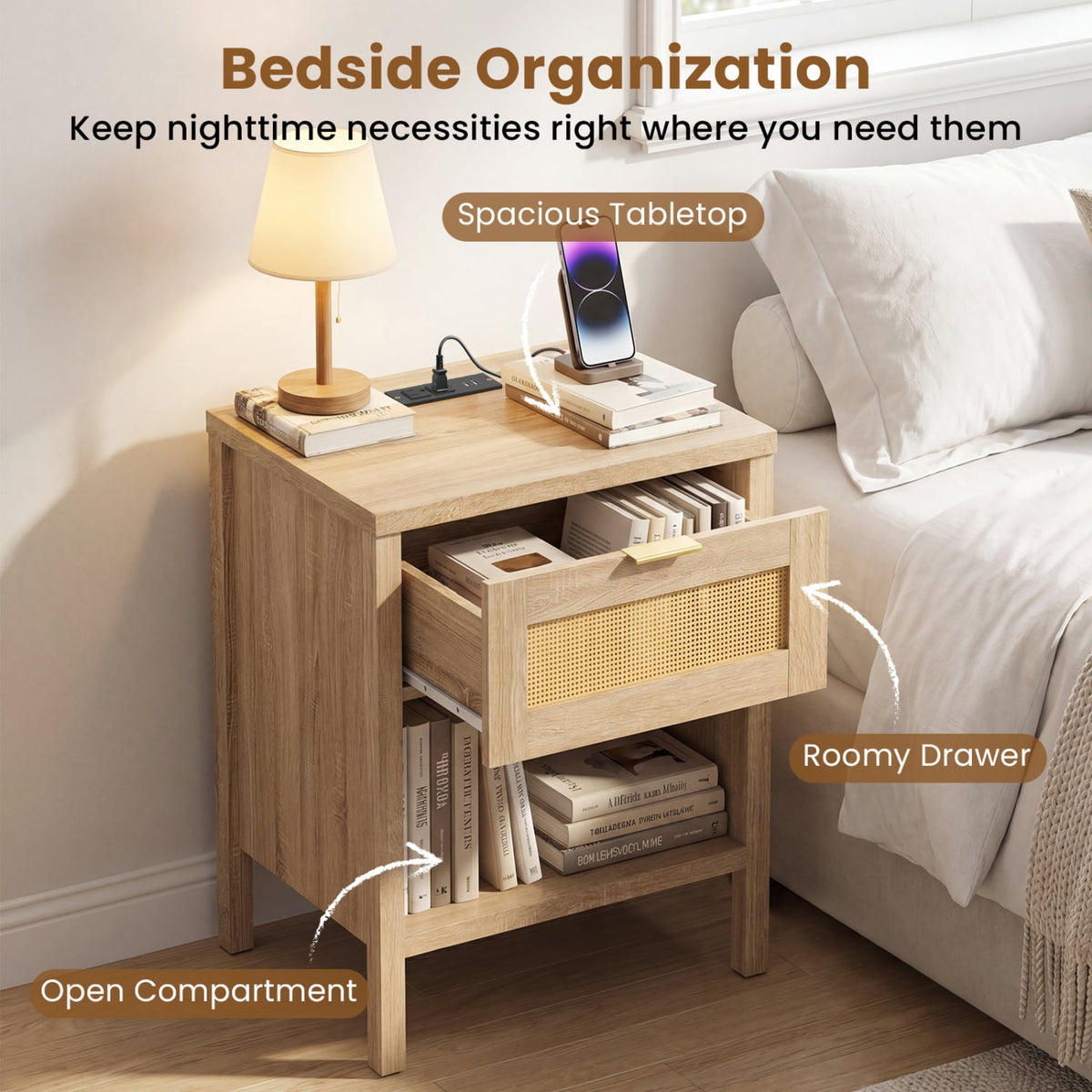 Rattan Nightstand with Charging Station and Storage Shelf for Bedroom-Oak-Nightstands-DECOROLALA