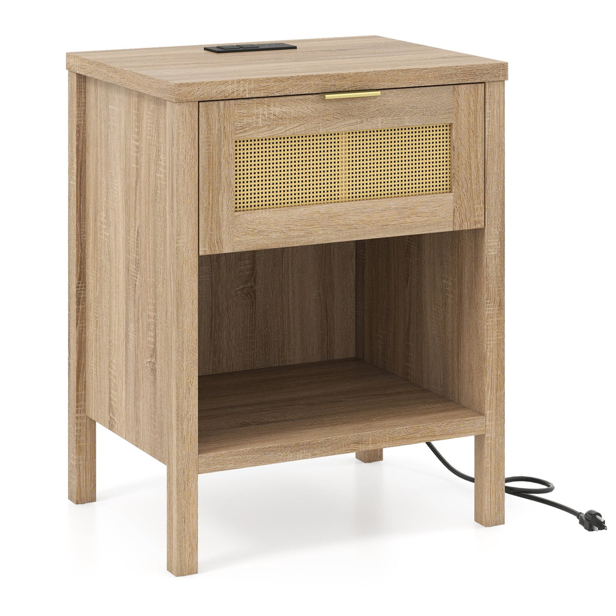Rattan Nightstand with Charging Station and Storage Shelf for Bedroom-Oak-Nightstands-DECOROLALA