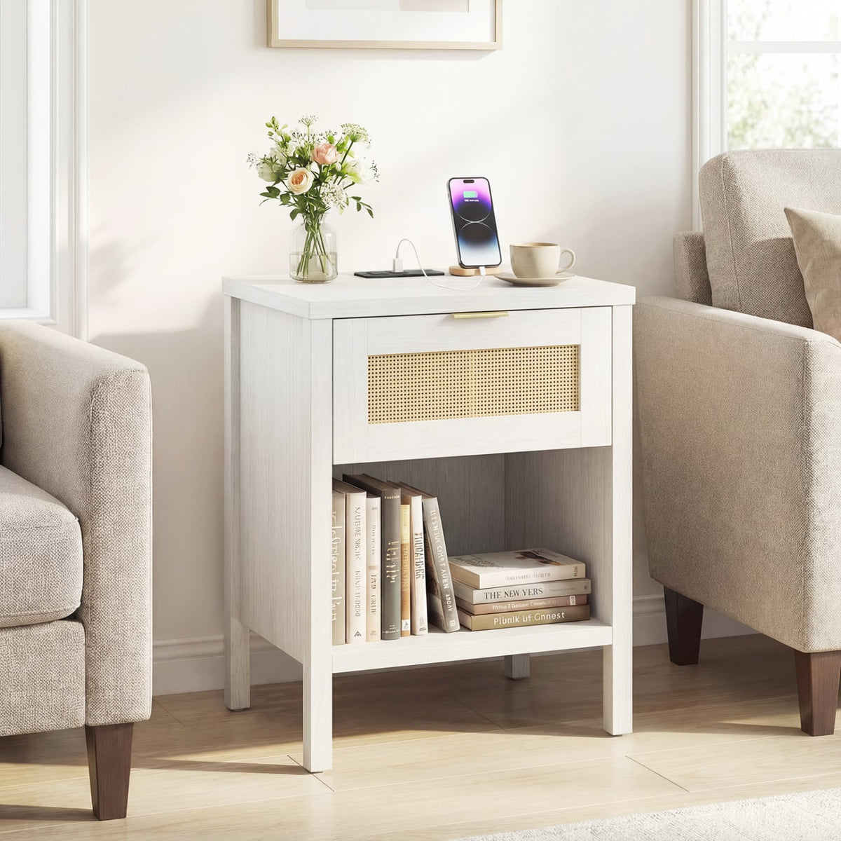 Rattan Nightstand with Charging Station and Storage Shelf for Bedroom-White-Nightstands-DECOROLALA