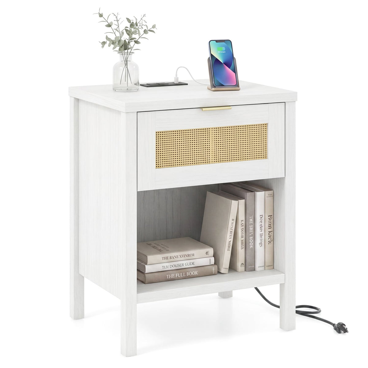 Rattan Nightstand with Charging Station and Storage Shelf for Bedroom-White-Nightstands-DECOROLALA