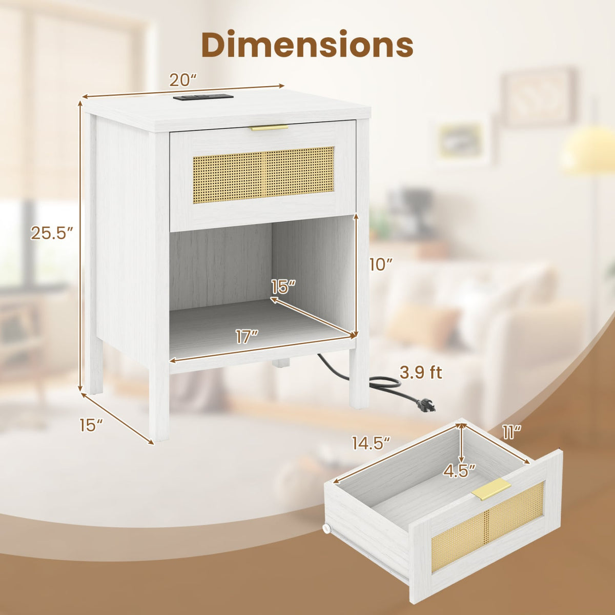 Rattan Nightstand with Charging Station and Storage Shelf for Bedroom-White-Nightstands-DECOROLALA