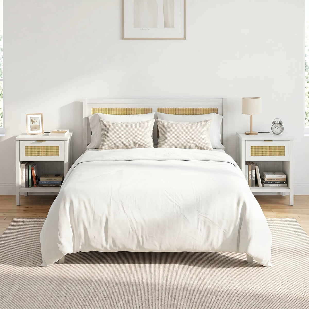 Rattan Nightstand with Charging Station and Storage Shelf for Bedroom-White-Nightstands-DECOROLALA