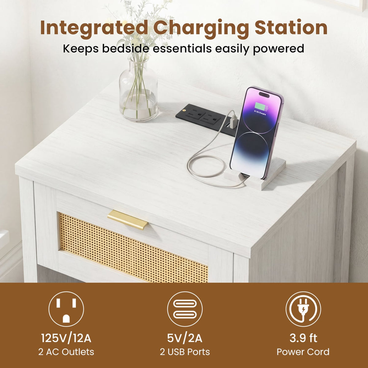 Rattan Nightstand with Charging Station and Storage Shelf for Bedroom-White-Nightstands-DECOROLALA
