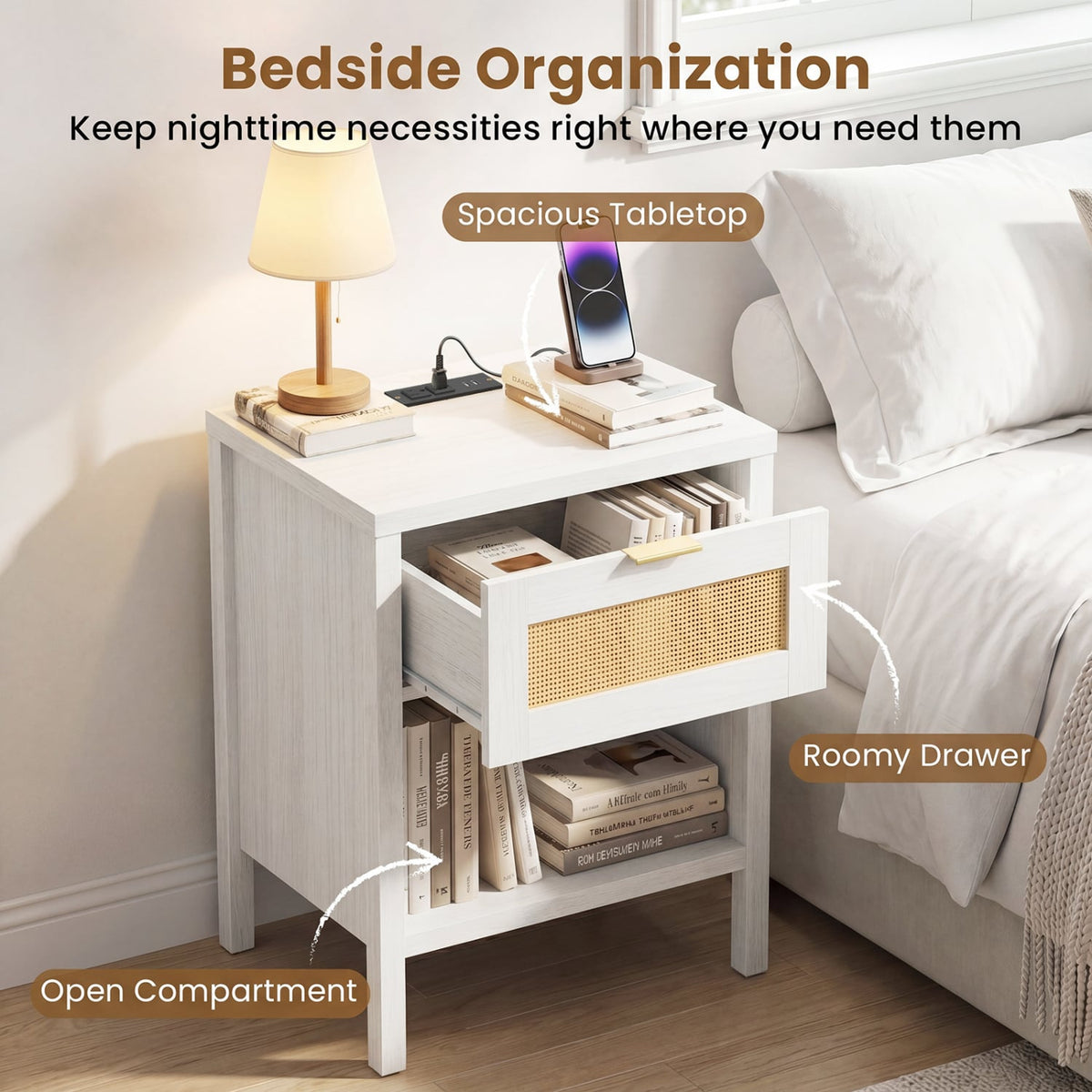 Rattan Nightstand with Charging Station and Storage Shelf for Bedroom-White-Nightstands-DECOROLALA