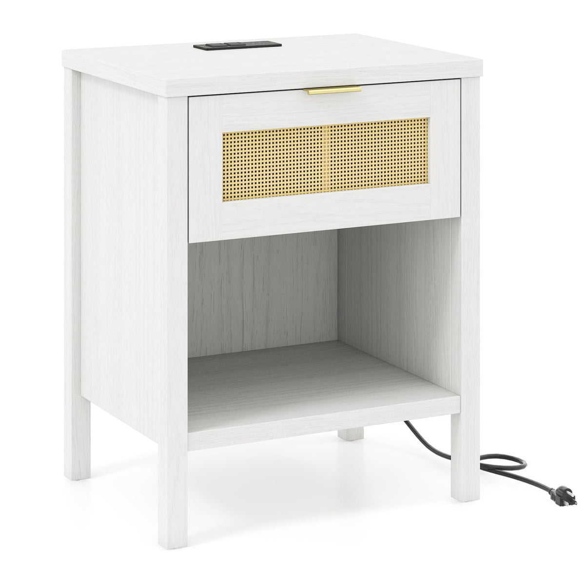 Rattan Nightstand with Charging Station and Storage Shelf for Bedroom-White-Nightstands-DECOROLALA
