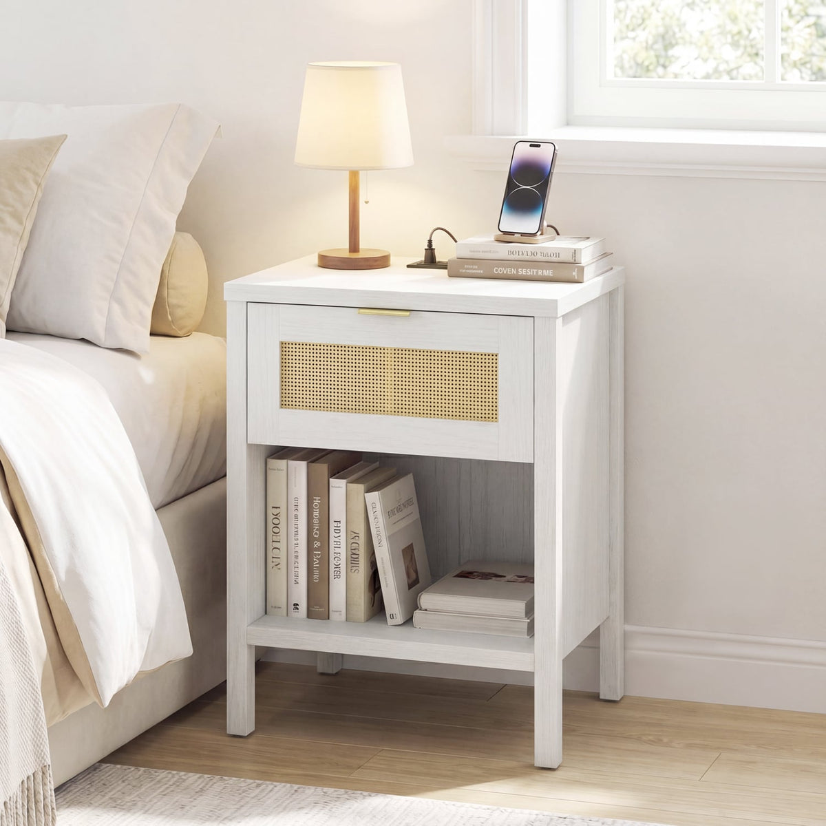 Rattan Nightstand with Charging Station and Storage Shelf for Bedroom-White-Nightstands-DECOROLALA