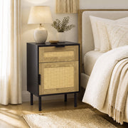 Rattan Nightstand with Drawer and Storage Cabinet for Bedroom Dorm-Black-Nightstands-DECOROLALA