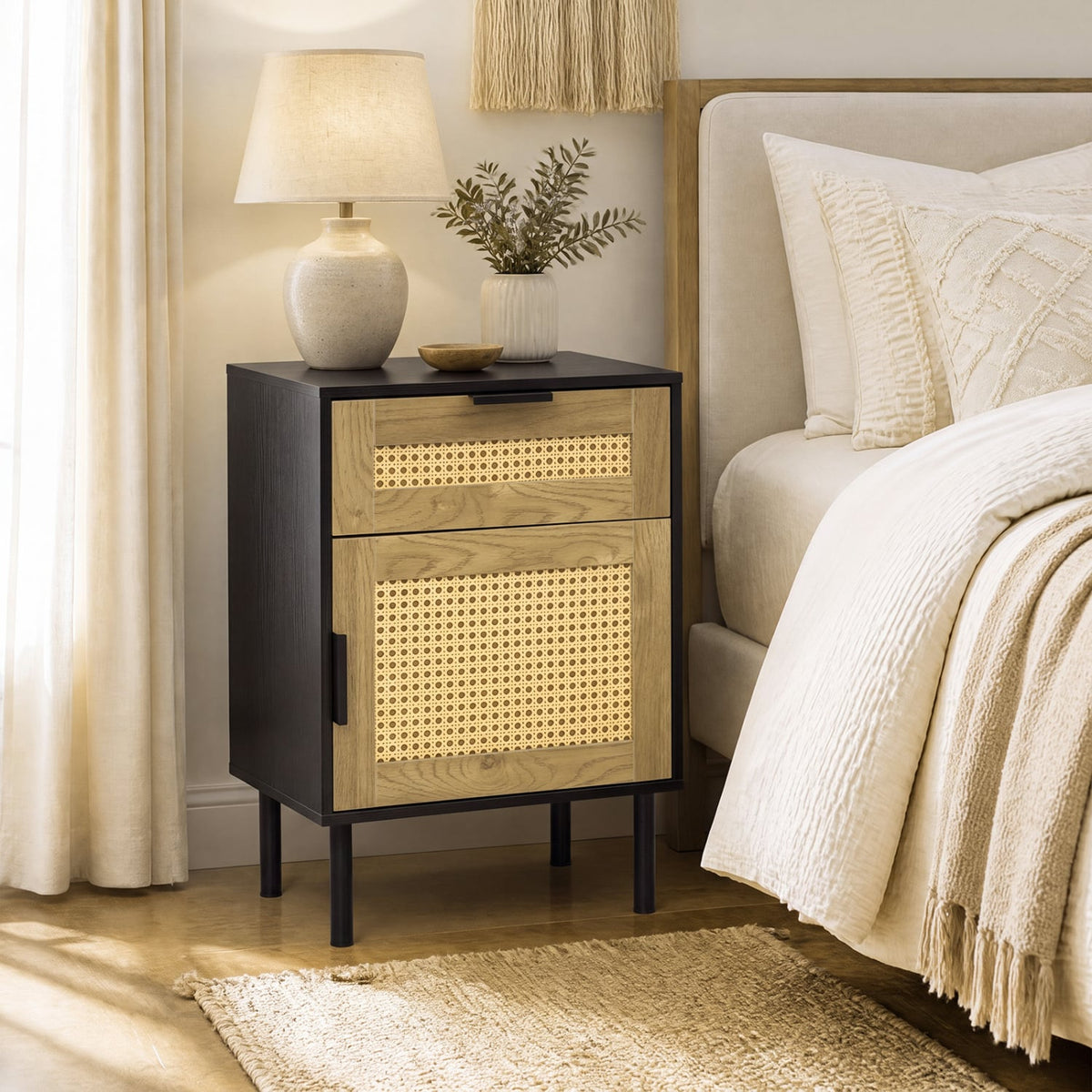 Rattan Nightstand with Drawer and Storage Cabinet for Bedroom Dorm-Black-Nightstands-DECOROLALA