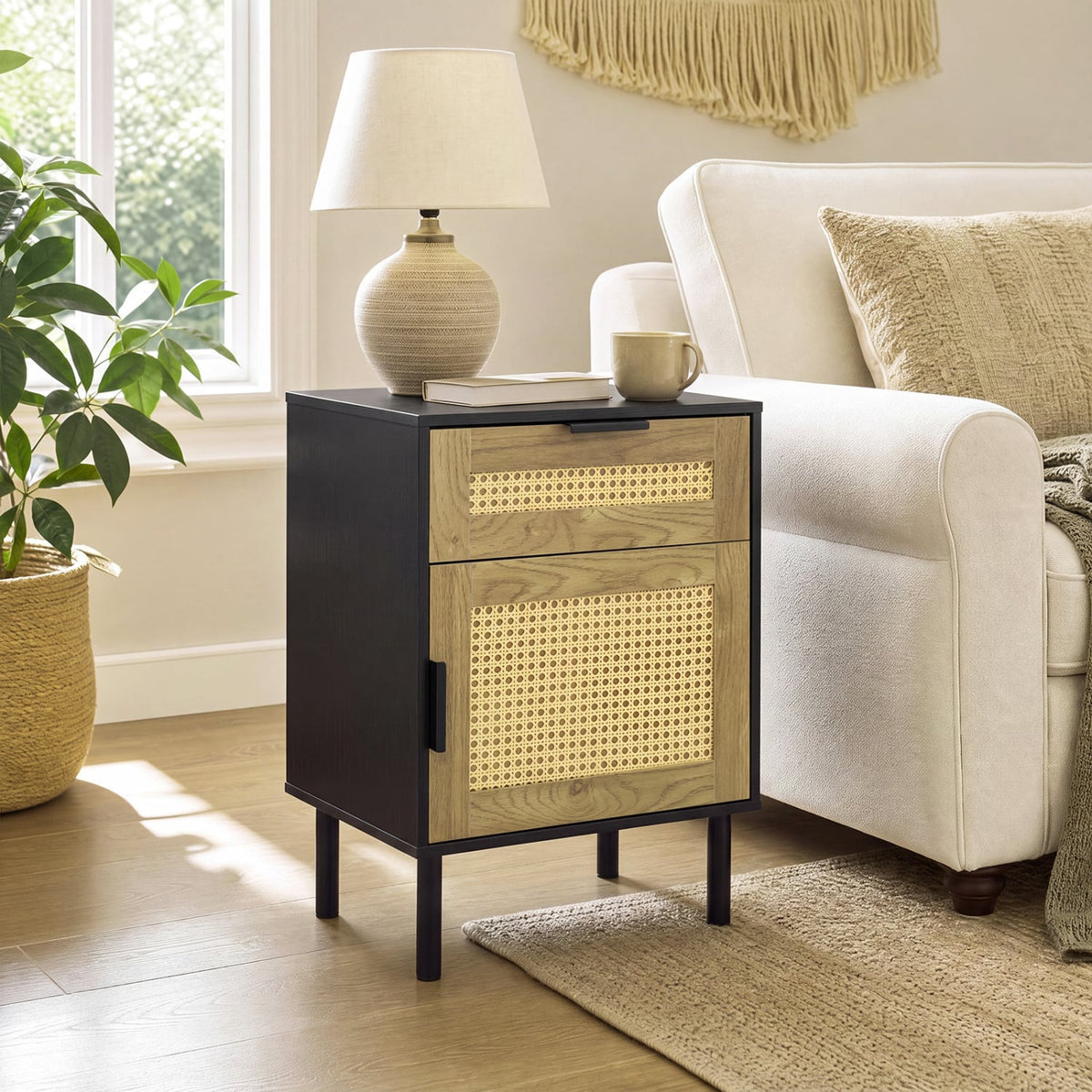 Rattan Nightstand with Drawer and Storage Cabinet for Bedroom Dorm-Black-Nightstands-DECOROLALA