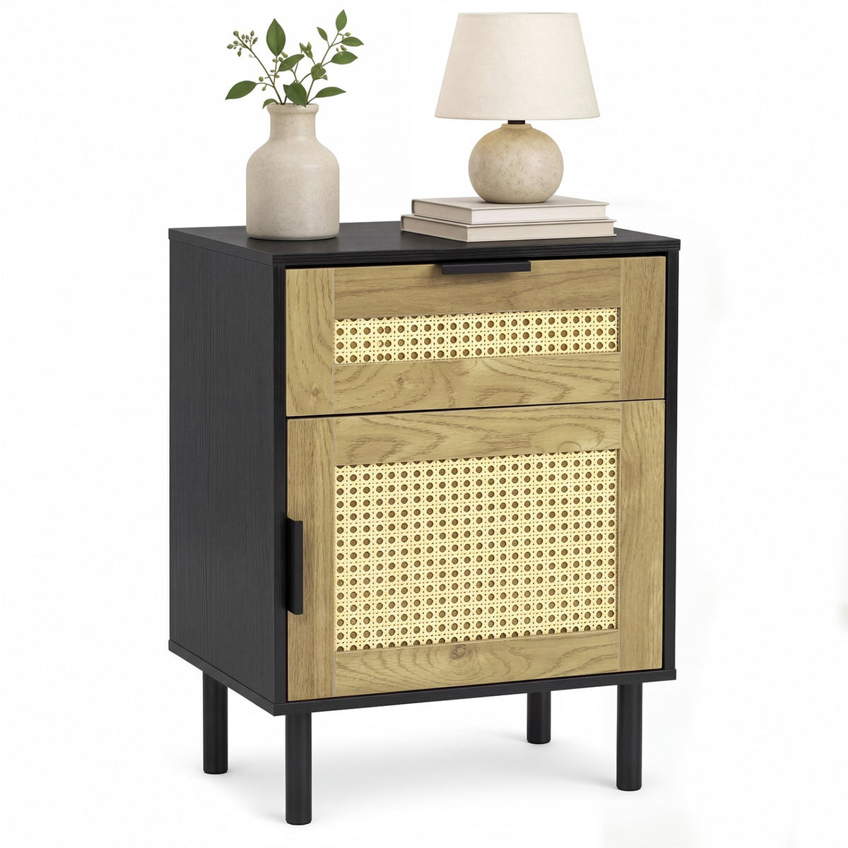 Rattan Nightstand with Drawer and Storage Cabinet for Bedroom Dorm-Black-Nightstands-DECOROLALA