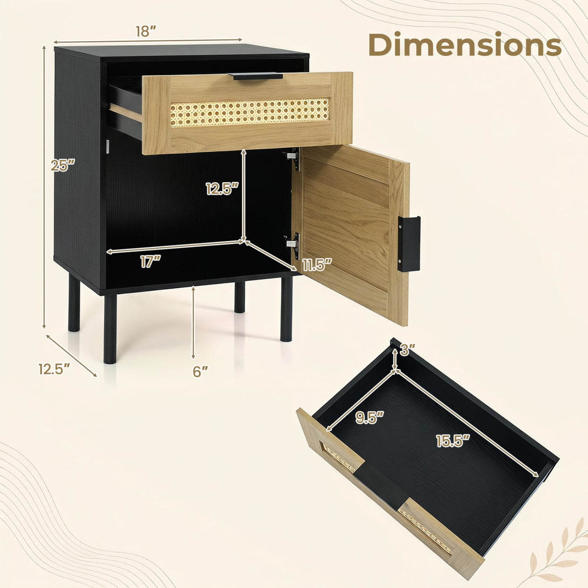 Rattan Nightstand with Drawer and Storage Cabinet for Bedroom Dorm-Black-Nightstands-DECOROLALA