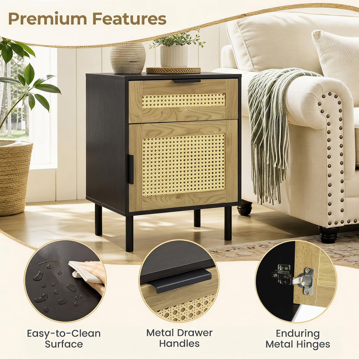 Rattan Nightstand with Drawer and Storage Cabinet for Bedroom Dorm-Black-Nightstands-DECOROLALA