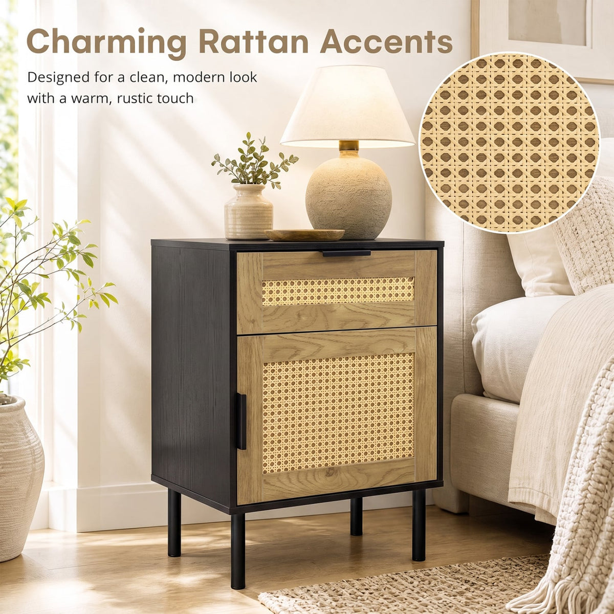 Rattan Nightstand with Drawer and Storage Cabinet for Bedroom Dorm-Black-Nightstands-DECOROLALA