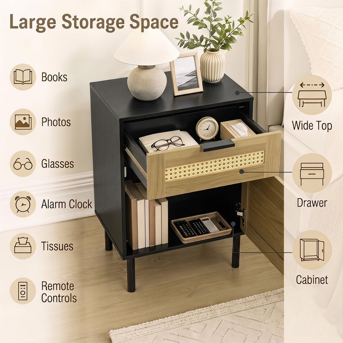 Rattan Nightstand with Drawer and Storage Cabinet for Bedroom Dorm-Black-Nightstands-DECOROLALA
