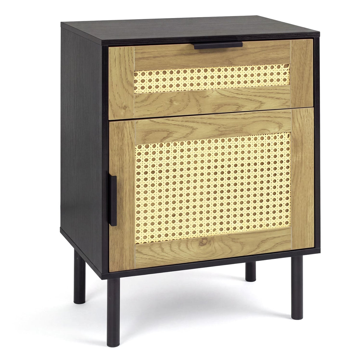 Rattan Nightstand with Drawer and Storage Cabinet for Bedroom Dorm-Black-Nightstands-DECOROLALA