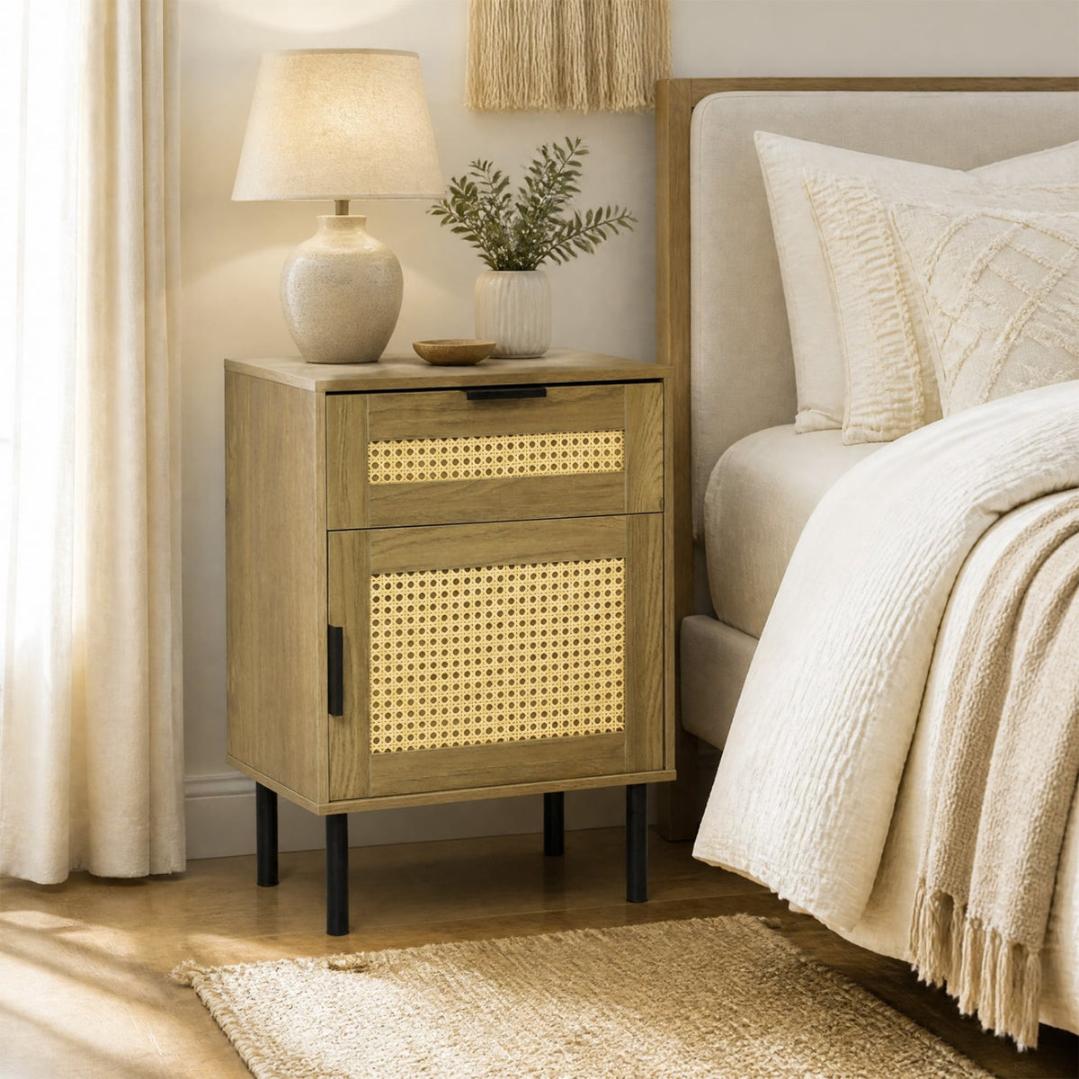 Rattan Nightstand with Drawer and Storage Cabinet for Bedroom Dorm-Natrual-Nightstands-DECOROLALA