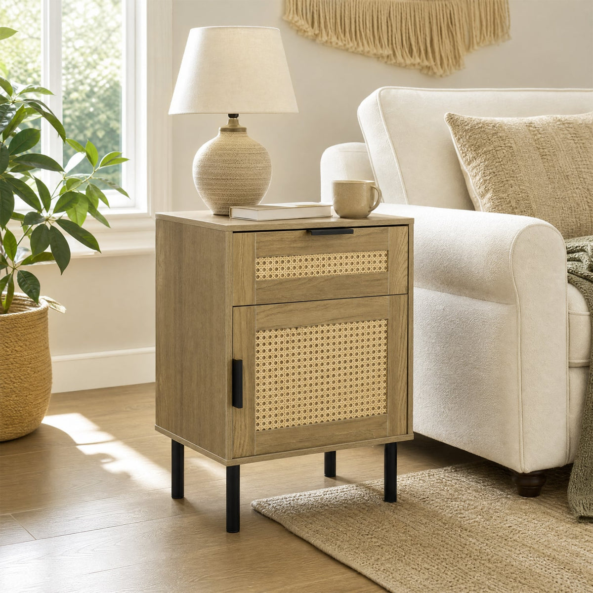 Rattan Nightstand with Drawer and Storage Cabinet for Bedroom Dorm-Natrual-Nightstands-DECOROLALA