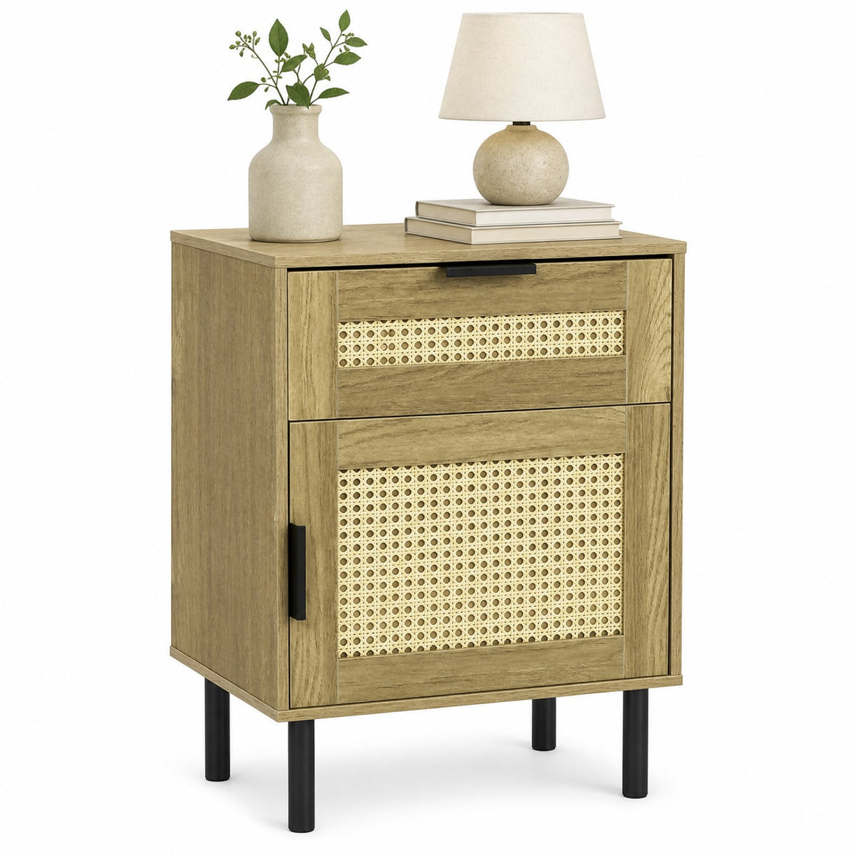 Rattan Nightstand with Drawer and Storage Cabinet for Bedroom Dorm-Natrual-Nightstands-DECOROLALA