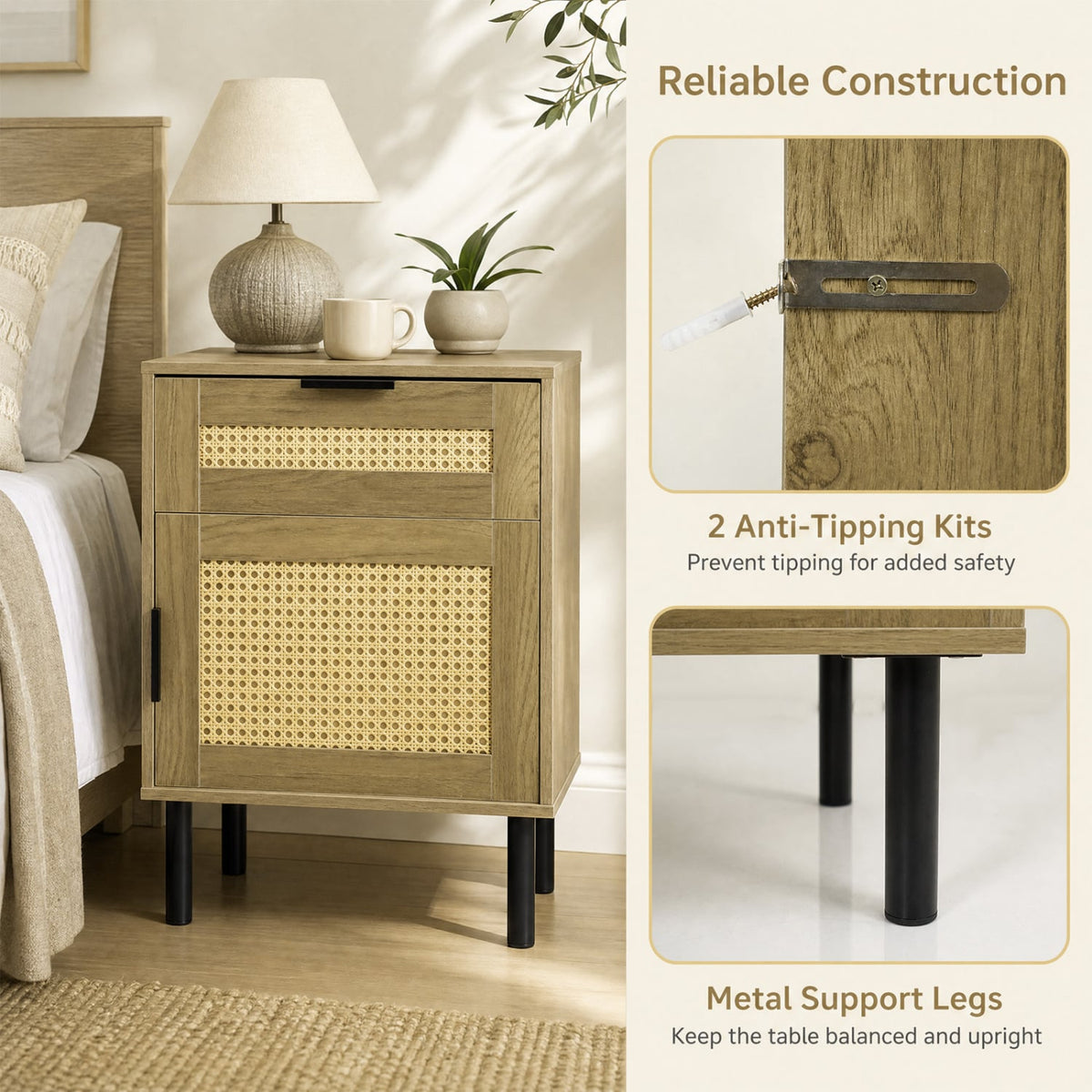 Rattan Nightstand with Drawer and Storage Cabinet for Bedroom Dorm-Natrual-Nightstands-DECOROLALA