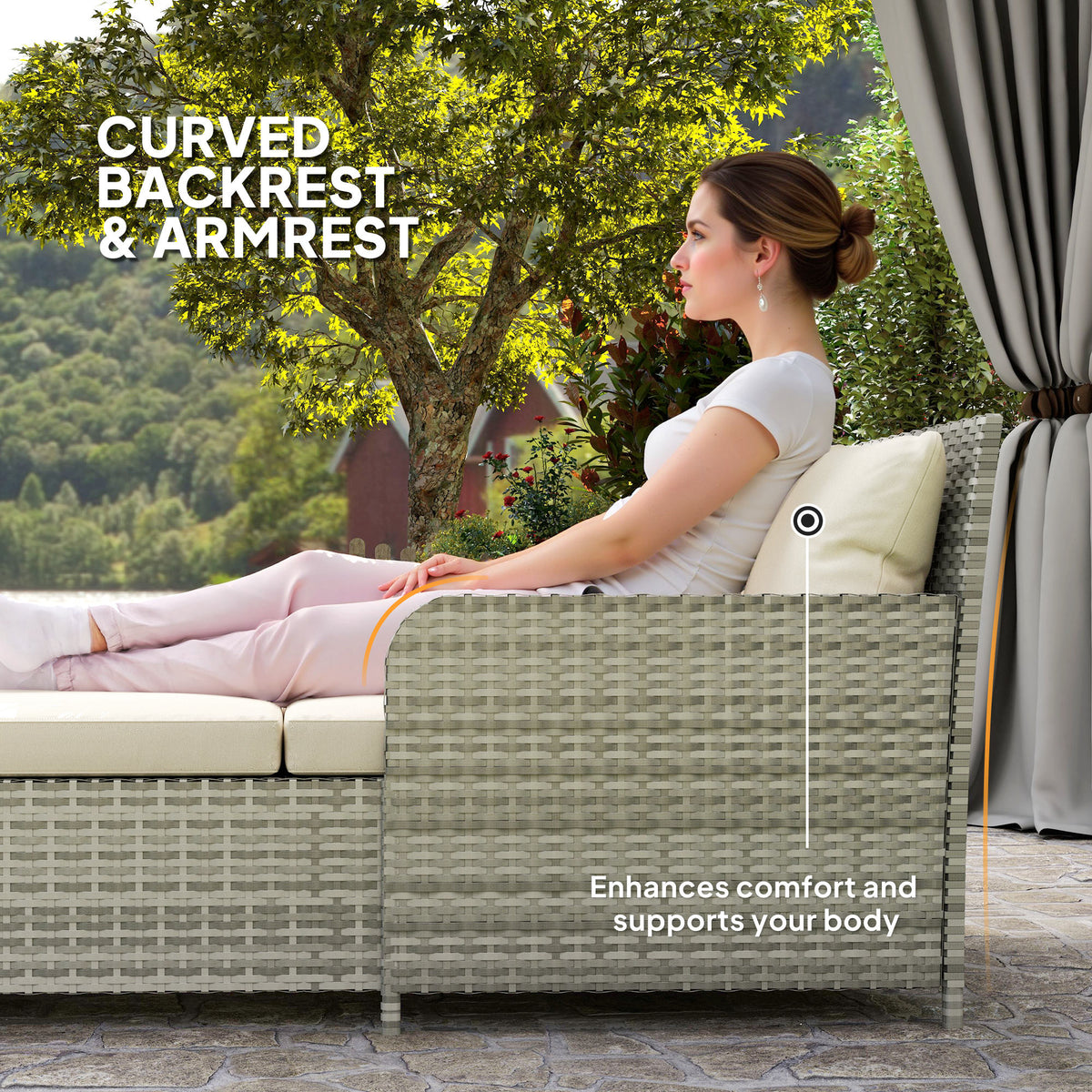 Rattan Outdoor Daybed, Sunbed Loveseat with Soft Cushions, 4 Pillows, Curved Backrest & Armrest, Beige-Outdoor Chaise Lounges-DECOROLALA