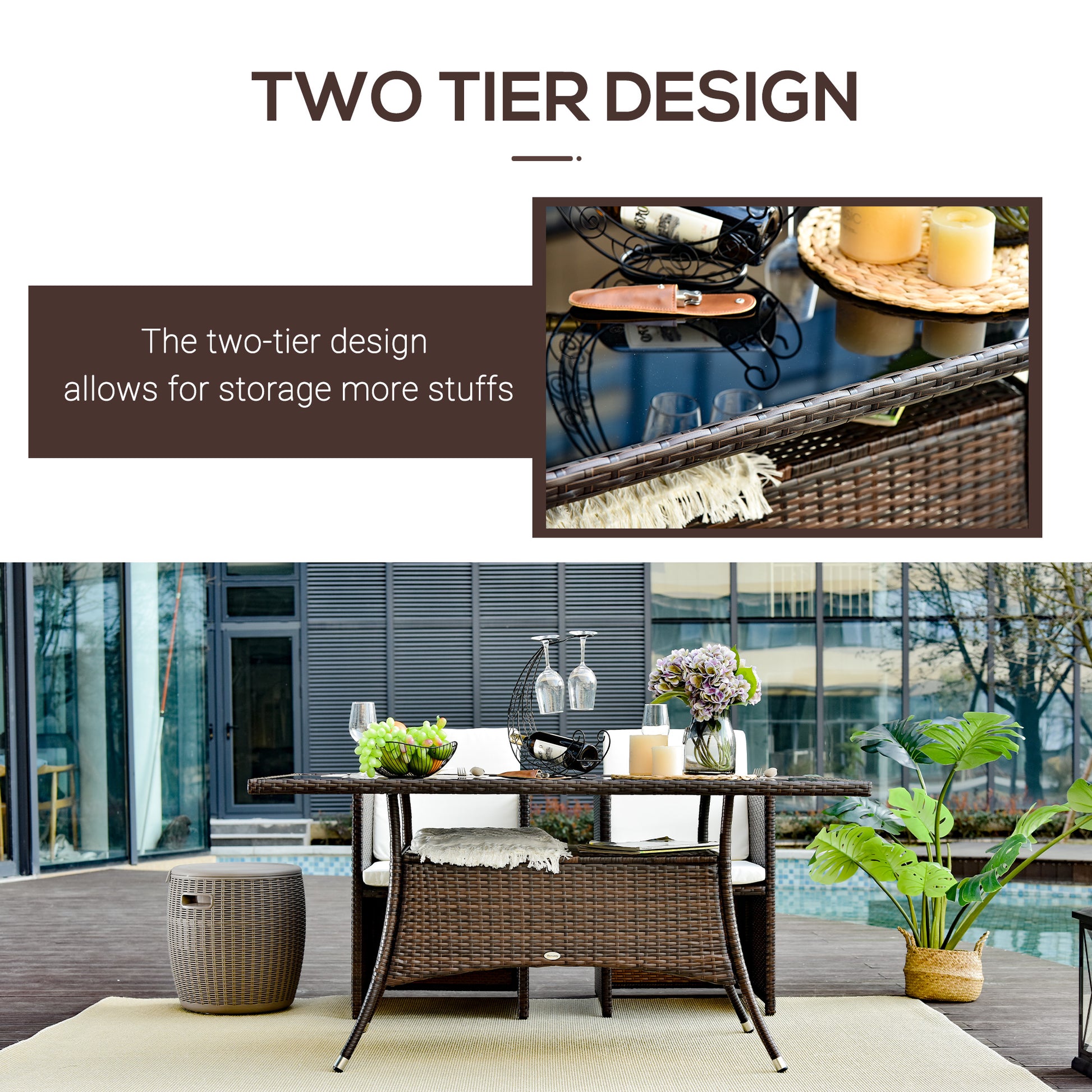 Rattan Patio Dining Table - Brown 59" Glass Top-DECOROLALA
