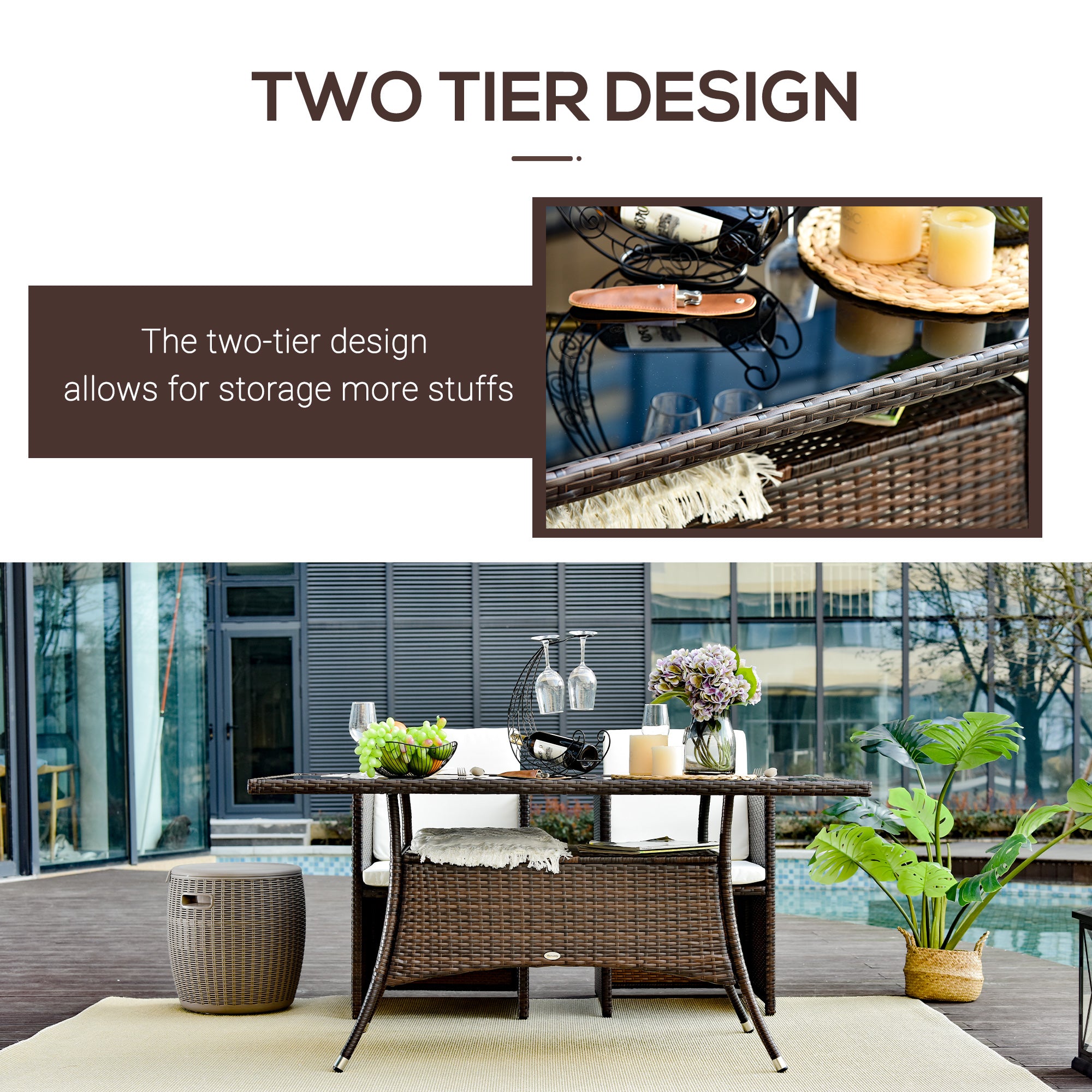 Rattan Patio Dining Table - Brown 59" Glass Top-DECOROLALA