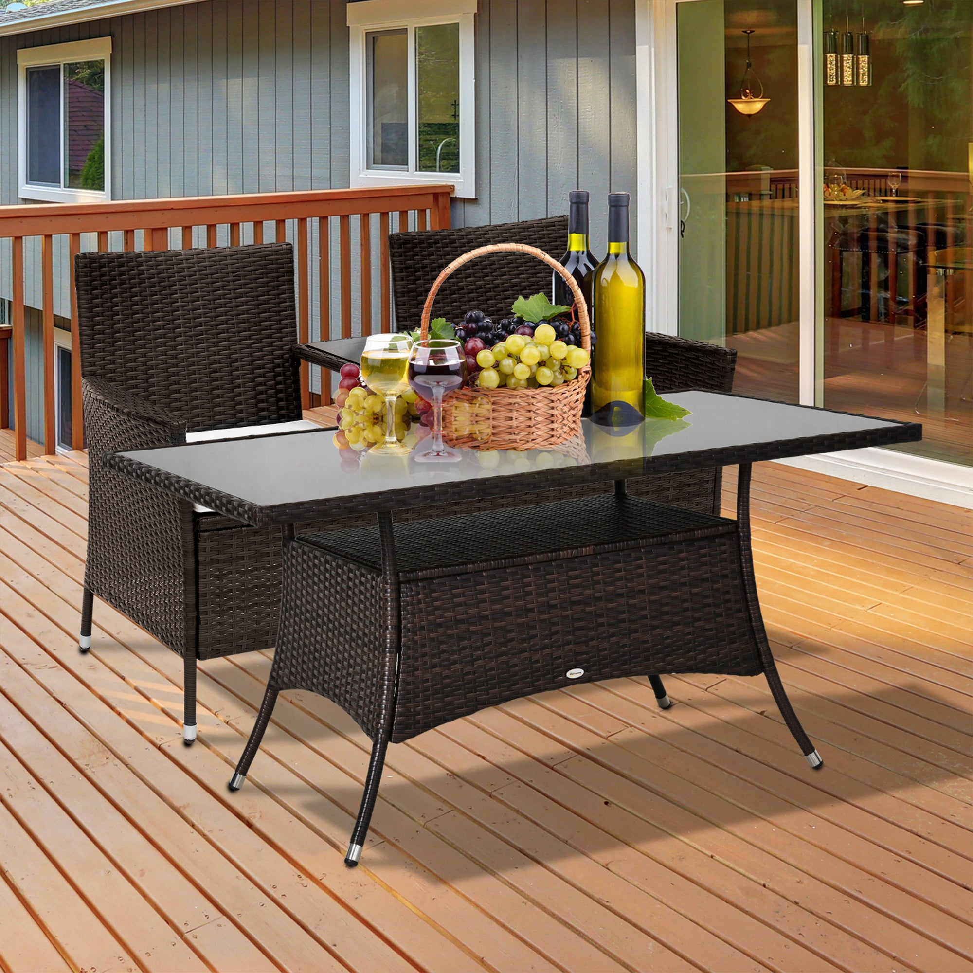 Rattan Patio Dining Table - Brown 59" Glass Top-DECOROLALA