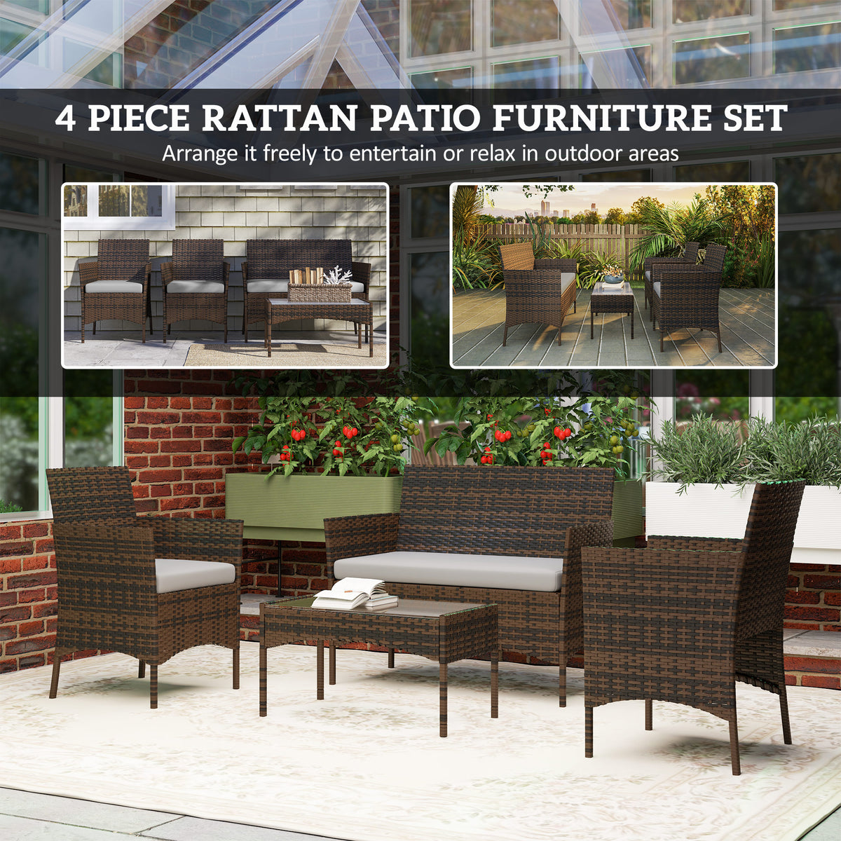 Rattan Patio Furniture Set - 4-Piece Grey-Patio Furniture Sets-DECOROLALA