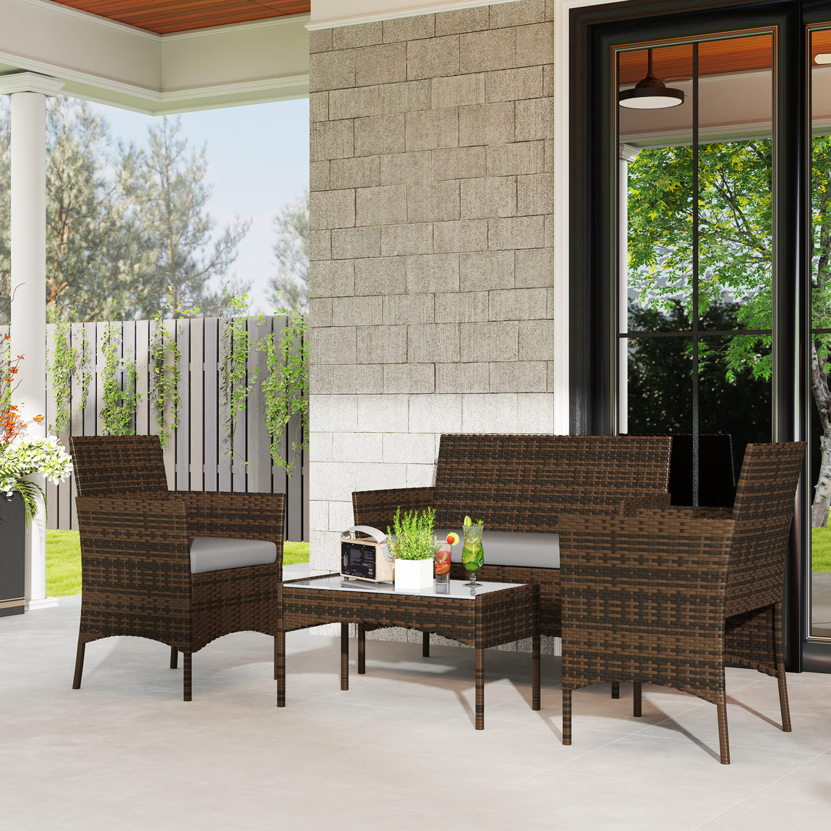 Rattan Patio Furniture Set - 4-Piece Grey-Patio Furniture Sets-DECOROLALA