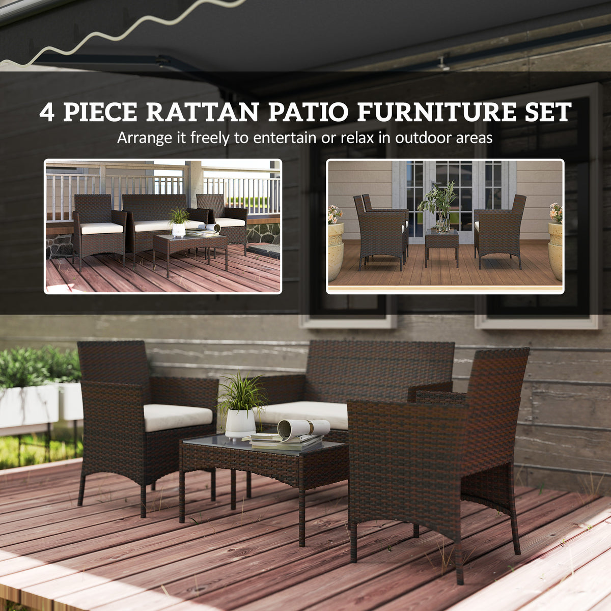 Rattan Patio Set 4-Piece Loveseat Beige-Patio Furniture Sets-DECOROLALA