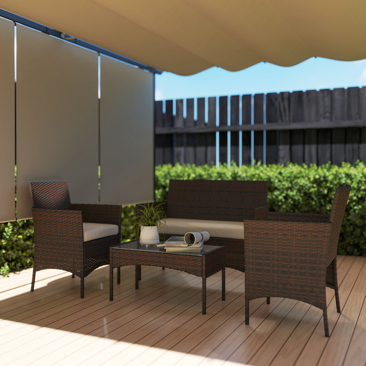 Rattan Patio Set 4-Piece Loveseat Beige-Patio Furniture Sets-DECOROLALA