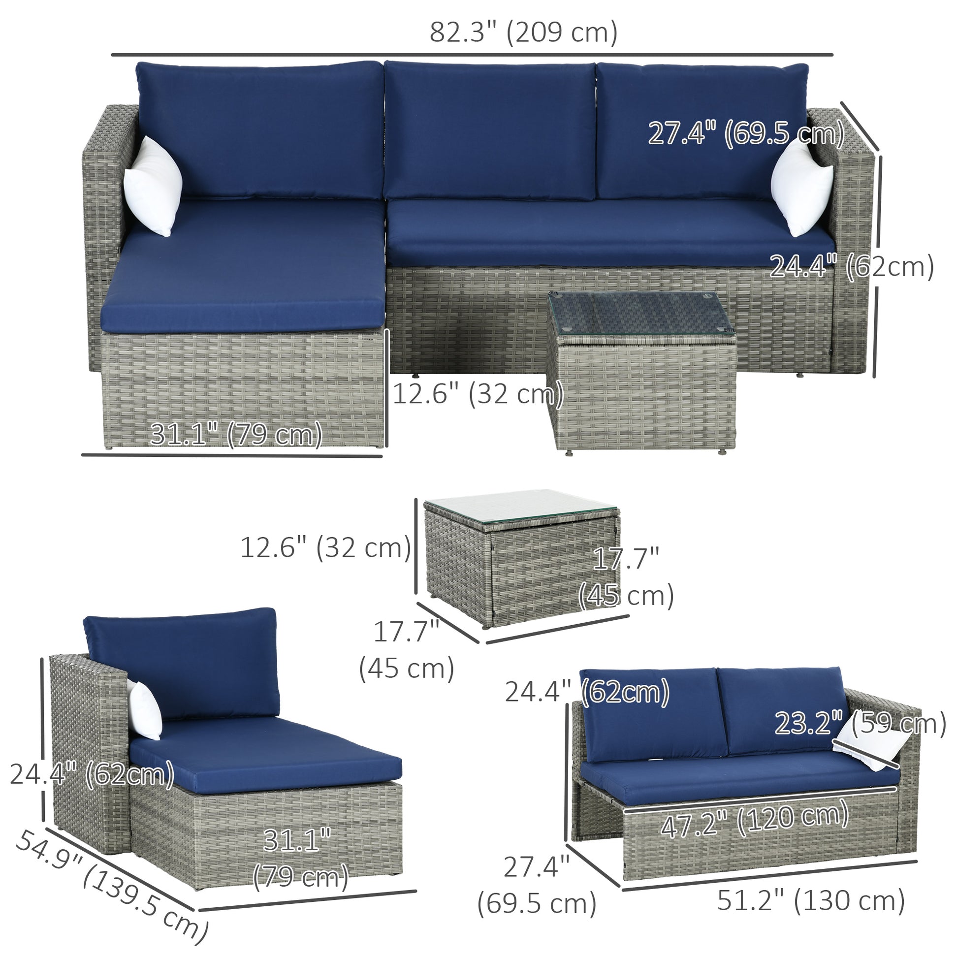 Rattan Patio Sofa Set 3pc - Navy Blue Wicker-DECOROLALA